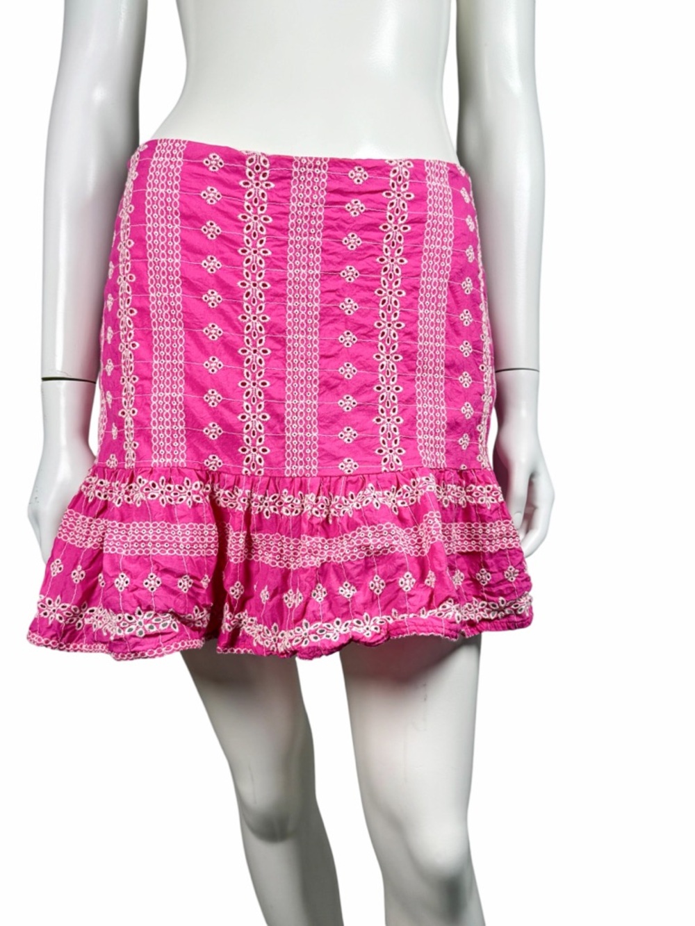 Le Lis Pink Eyelet Embroidered Ruffle Mini Skirt Cotton Boho Coquette Size M - Picture 2 of 8